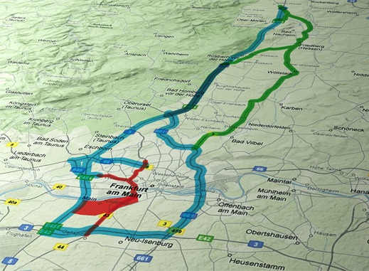 Figure 4: The span of the SimTD trial. The motorway sections are shown in blue, rural road sections in green and inner-city roads in red